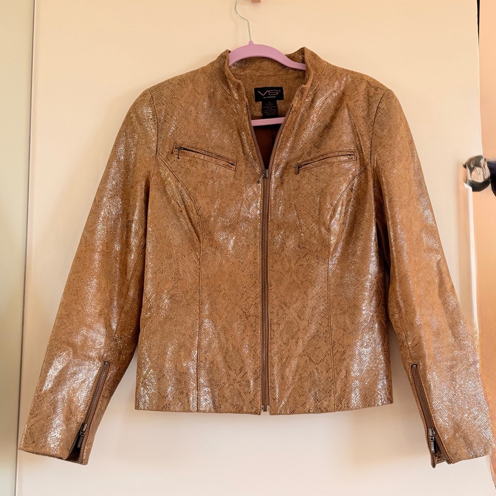 Vakko VS2 Metallic Gold Leather Moto Jacket Brown Printed Size 8 - Picture 6 of 9